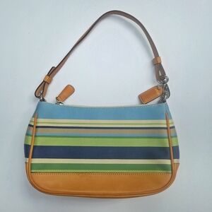 Coach Y2K Demi Striped Canvas and Leather Baguette Vintage Shoulder Bag. #7749